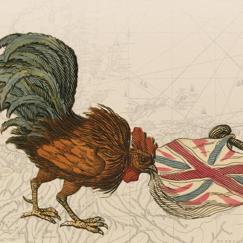 The image shows a rooster and the British flag.