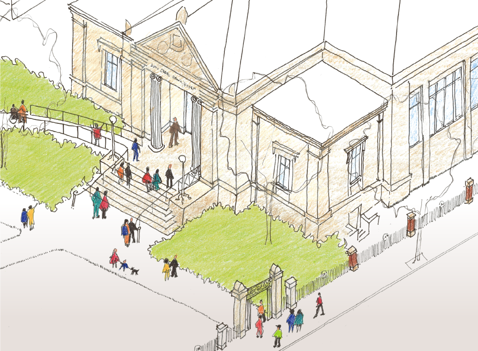 A drawing showing the renovation of the JCB façade