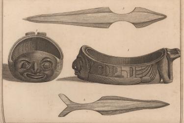 Native American artifacts including a bowl shown in two views and two knives