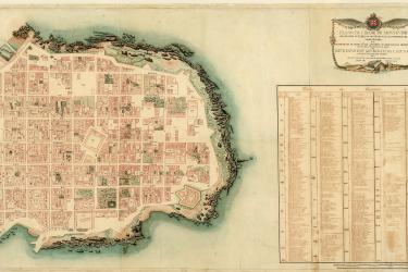 detailed manuscript plan of the city of Montevideo in present-day Uruguay, including location and names of inhabitants of the town, location of churches, fortifications, dwellings, gardens, and some topographical details