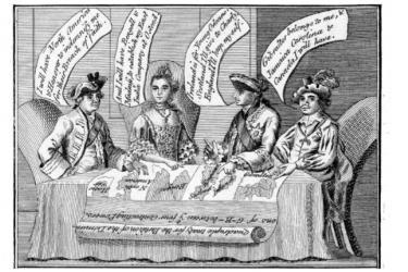 Political Cartoon: “What may be doing Abroad. What is doing at Home.,” London, 1769. Original in the John Carter Brown Library.