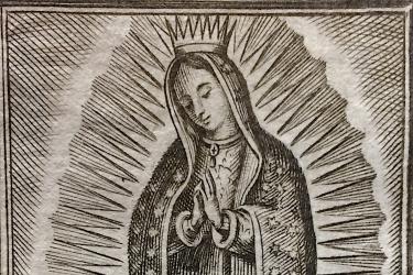 black and white image of the virgen