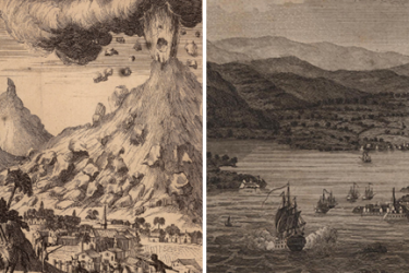 two images, the first showing a volcano erupting in Guatemala and the second showing showing a view of Port Royal and Kingston Harbors