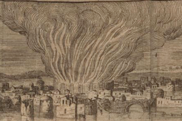 detail of a black and white sketch of a town on fire, large amounts of smoke rising