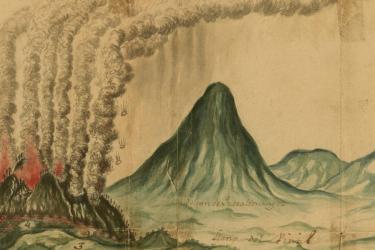 detail of an image with smoke and lava erupting from volcanoes and grassy hills in the background