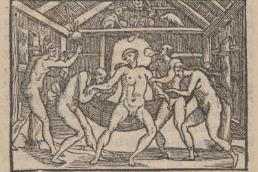 woodcut image of an Indigenous Brazilian man being treated for an illness