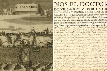 two images, the first showing a harbor and city view of San Salvador and the second showing a printed and manuscript extract from "Nos el doctor don Pedro de Villagomez..."