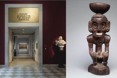 two images, one of the entrance to the Golden Kingdoms exhibition at the Metropolitan Museum of Art and the second a wooden deity figure