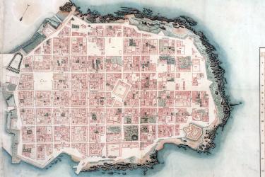 Detailed, colored manuscript plan of the city of Montevideo in present-day Uruguay