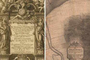 two images, the first a title page showing Faith and Religion as pillars upholding the Spanish monarchy within a classical architectural element, and the second a map of the colony of Demerara