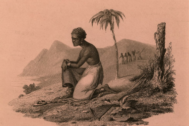An image showing a women in chains knelling on the shore