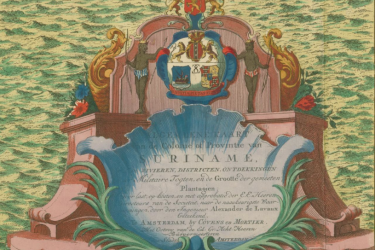 The cartouche of the map “Algemeene Kaart van de Colonie of Provintie van Suriname,” by Alexander de Lavaux