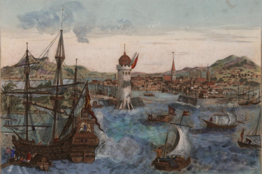 An eighteenth-century hand colored, engraved image of a ship unloading cargo and men from a boat, surrounded by other ships and backgrounded by a fortification, dwellings, churches, and a harbor. 