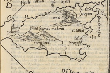 Simple, printed map of the island of Sicily, showing Mount Etna, Palermo, Messina, Catania, and other cities, which have been labeled by the author.