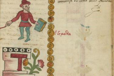 Detail from the Tovar Codex, showing a bearded Spanish man atop the symbol for house (calli), while holding a book that points to the letters of the Roman alphabet. 