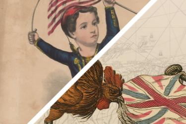 The image shows a drawing of a child holding a US flag and a sword and another drawing of a rooster and the British flag.